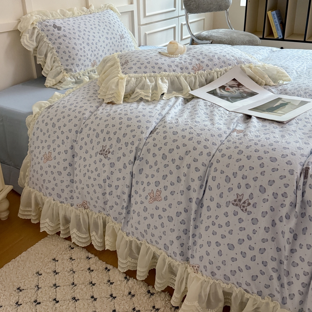 91家纺网 家纺一手货源 找家纺 吾欢心 2025新款韩版蕾丝花边加厚原棉四件套 豹纹蝴蝶结