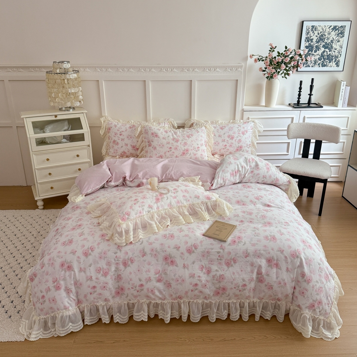 吾欢心 2025新款韩版蕾丝花边加厚原棉四件套 粉恋白