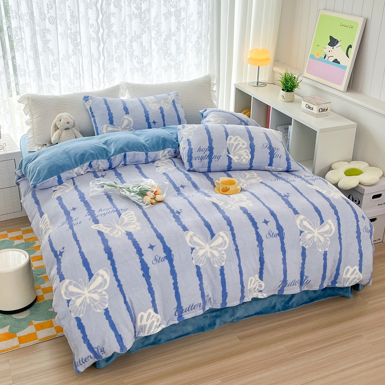 悦织湾家纺 2025新款床裙款牛奶绒四件套加厚保暖印花轻奢时尚不易起静电冬季床上用品三四件套 蝴蝶