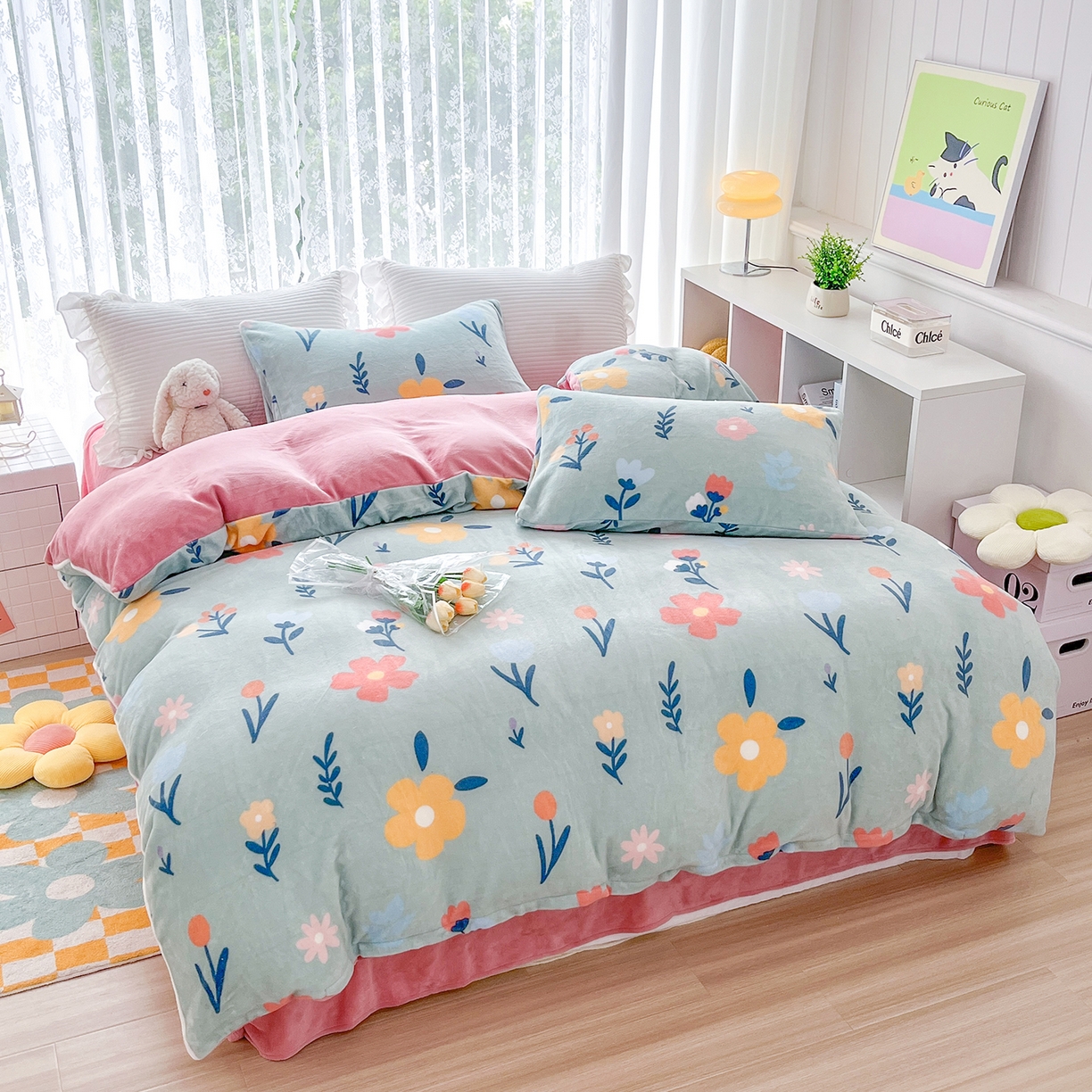 悦织湾家纺 2025新款床裙款牛奶绒四件套加厚保暖印花轻奢时尚不易起静电冬季床上用品三四件套 花花世界