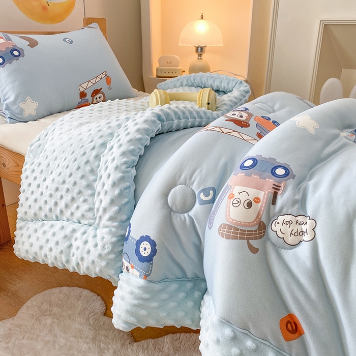 91家纺网 家纺一手货源 找家纺 天瑜家纺 2025新款针织棉手包豆豆被儿童被大豆被被子被芯 手包边  挖机蓝