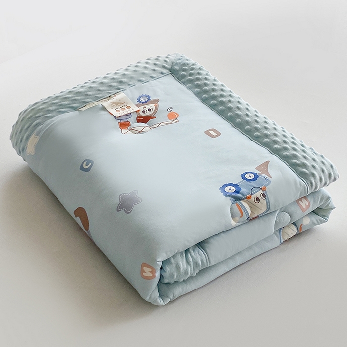 91家纺网 家纺一手货源 找家纺 天瑜家纺 2025新款针织棉手包豆豆被儿童被大豆被被子被芯 手包边  挖机蓝