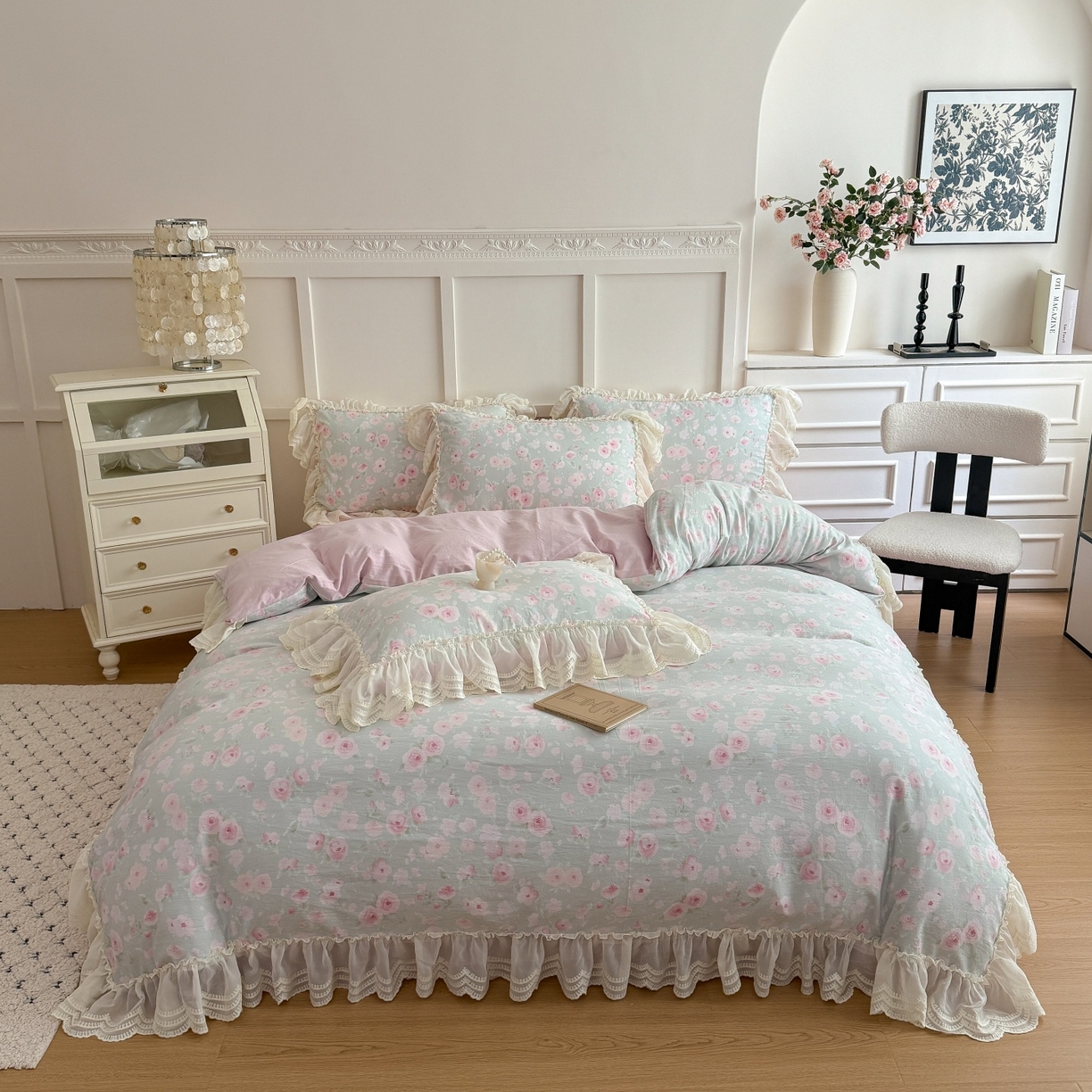 吾欢心 2025新款韩版蕾丝花边加厚原棉四件套 粉恋绿