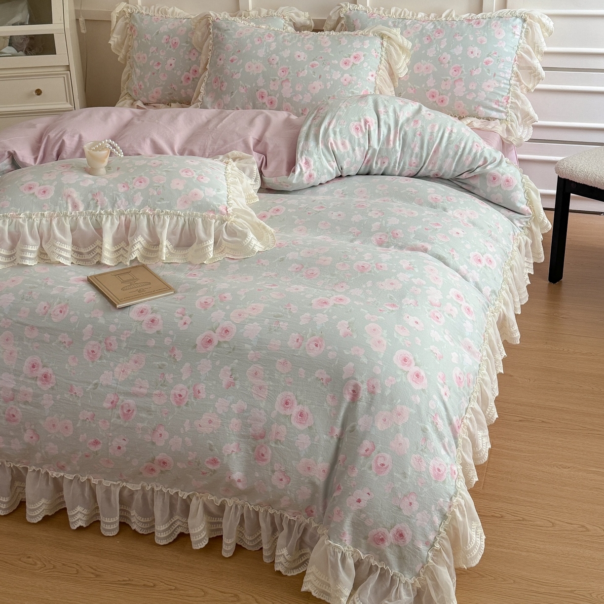 91家纺网 家纺一手货源 找家纺 吾欢心 2025新款韩版蕾丝花边加厚原棉四件套 粉恋绿