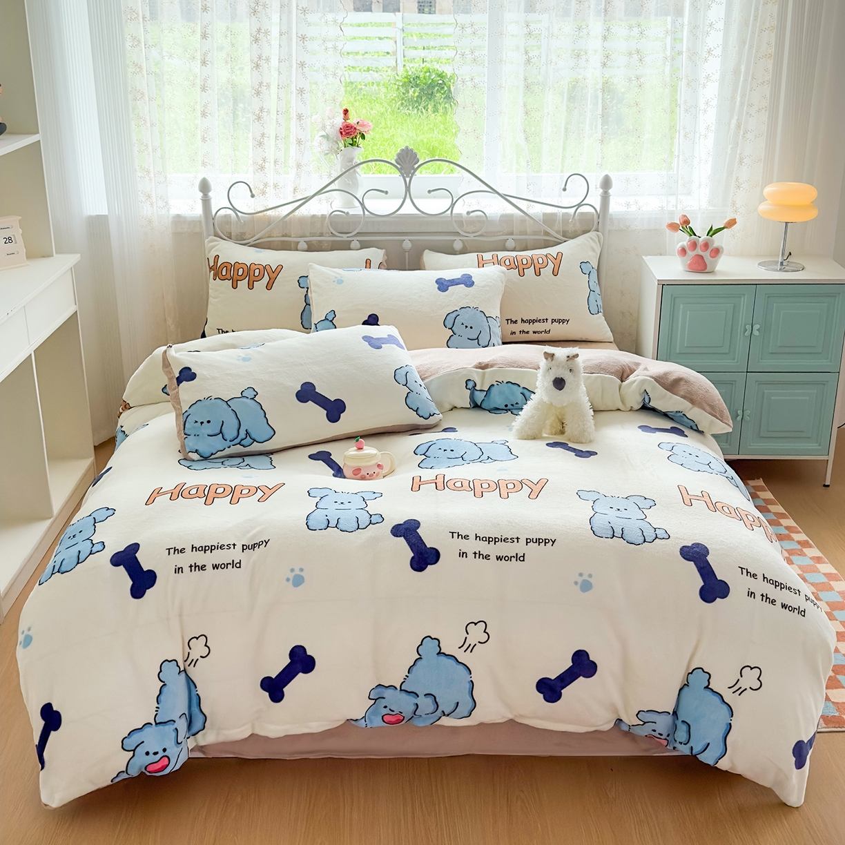 悦织湾家纺 2025新款床裙款牛奶绒四件套加厚保暖印花轻奢时尚不易起静电冬季床上用品三四件套 快乐狗