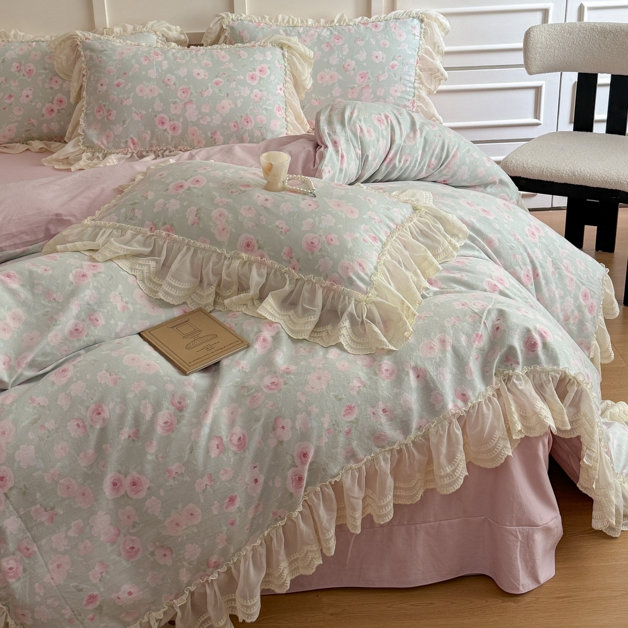 91家纺网 家纺一手货源 找家纺 吾欢心 2025新款韩版蕾丝花边加厚原棉四件套 粉恋绿