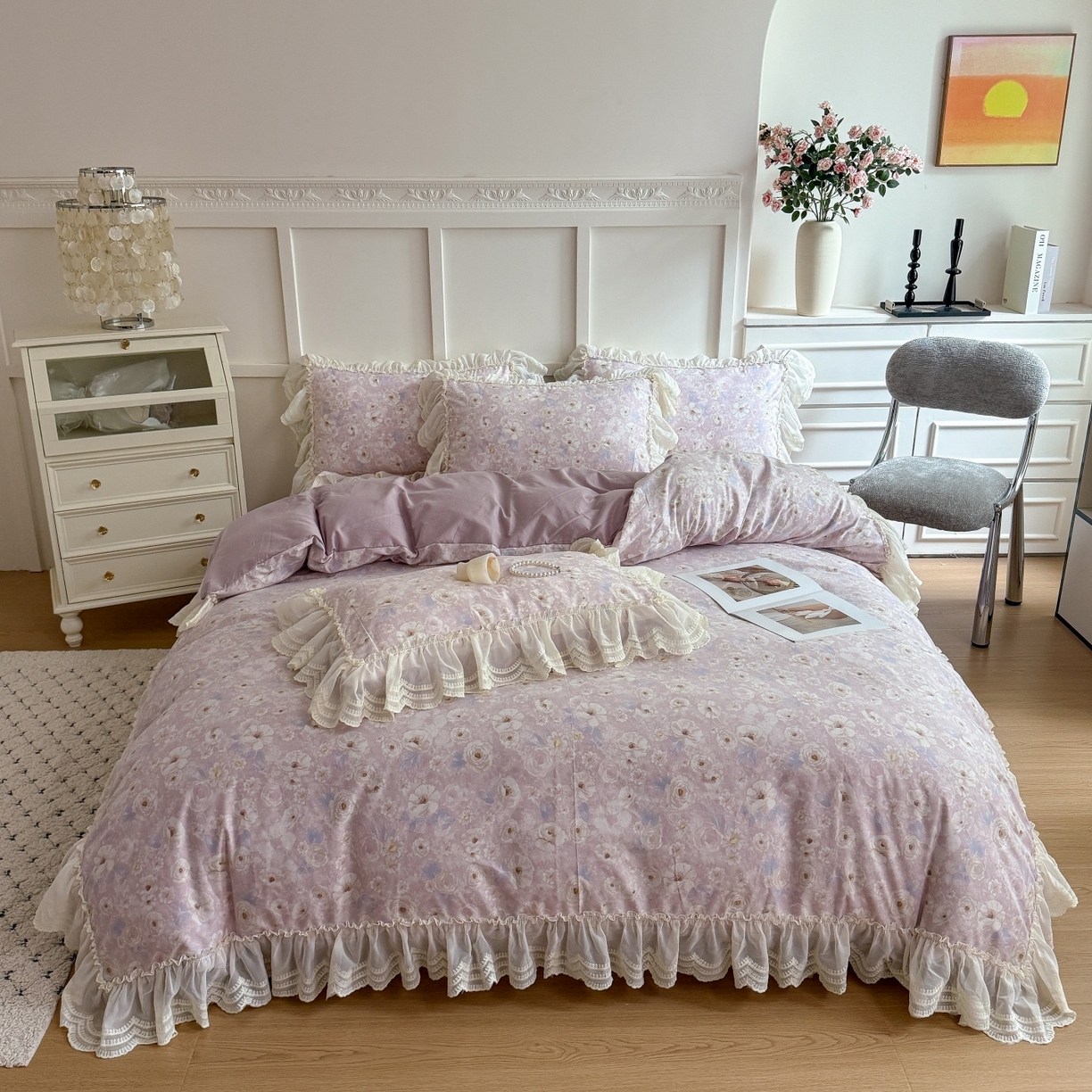 吾欢心 2025新款韩版蕾丝花边加厚原棉四件套 古耐花园粉