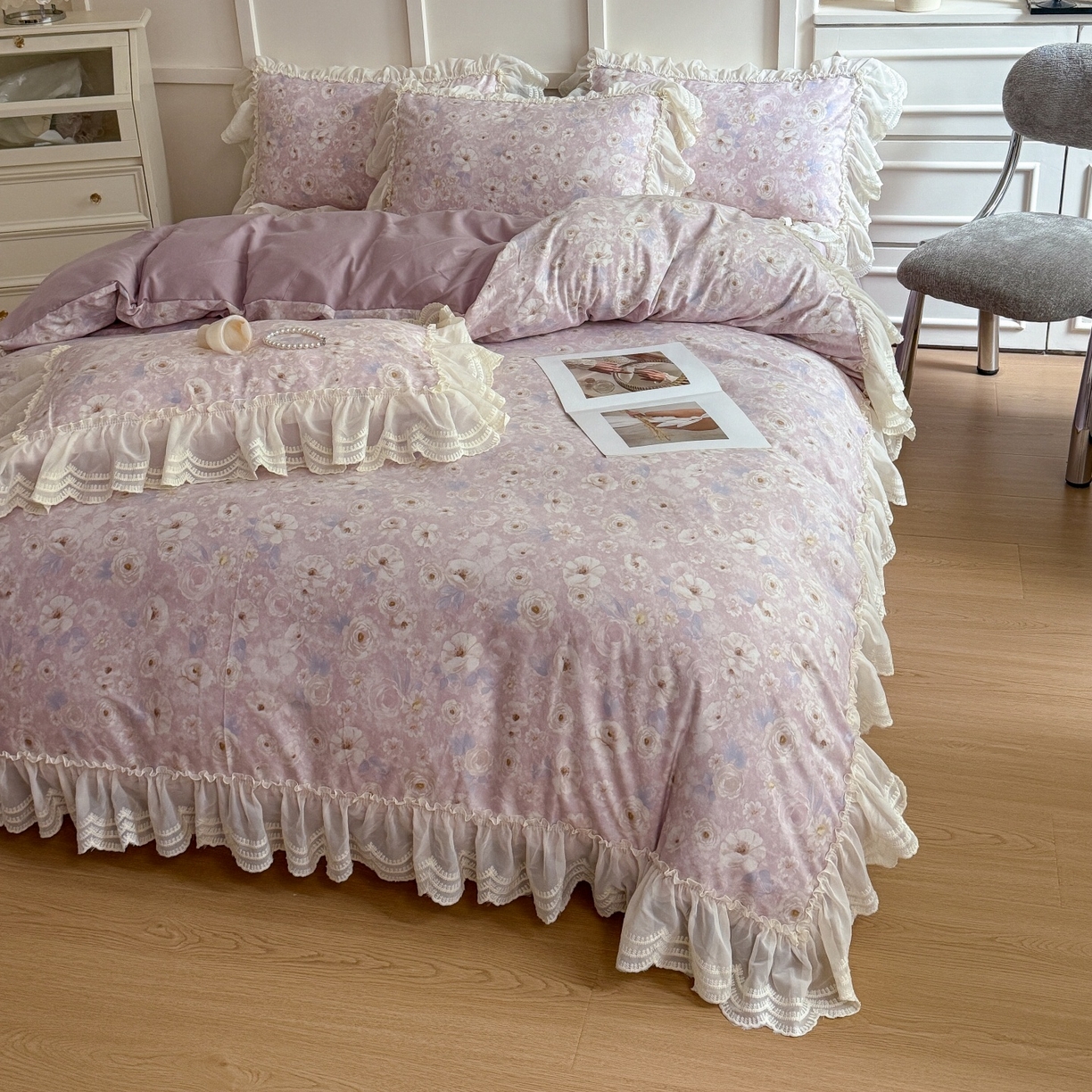 91家纺网 家纺一手货源 找家纺 吾欢心 2025新款韩版蕾丝花边加厚原棉四件套 古耐花园粉