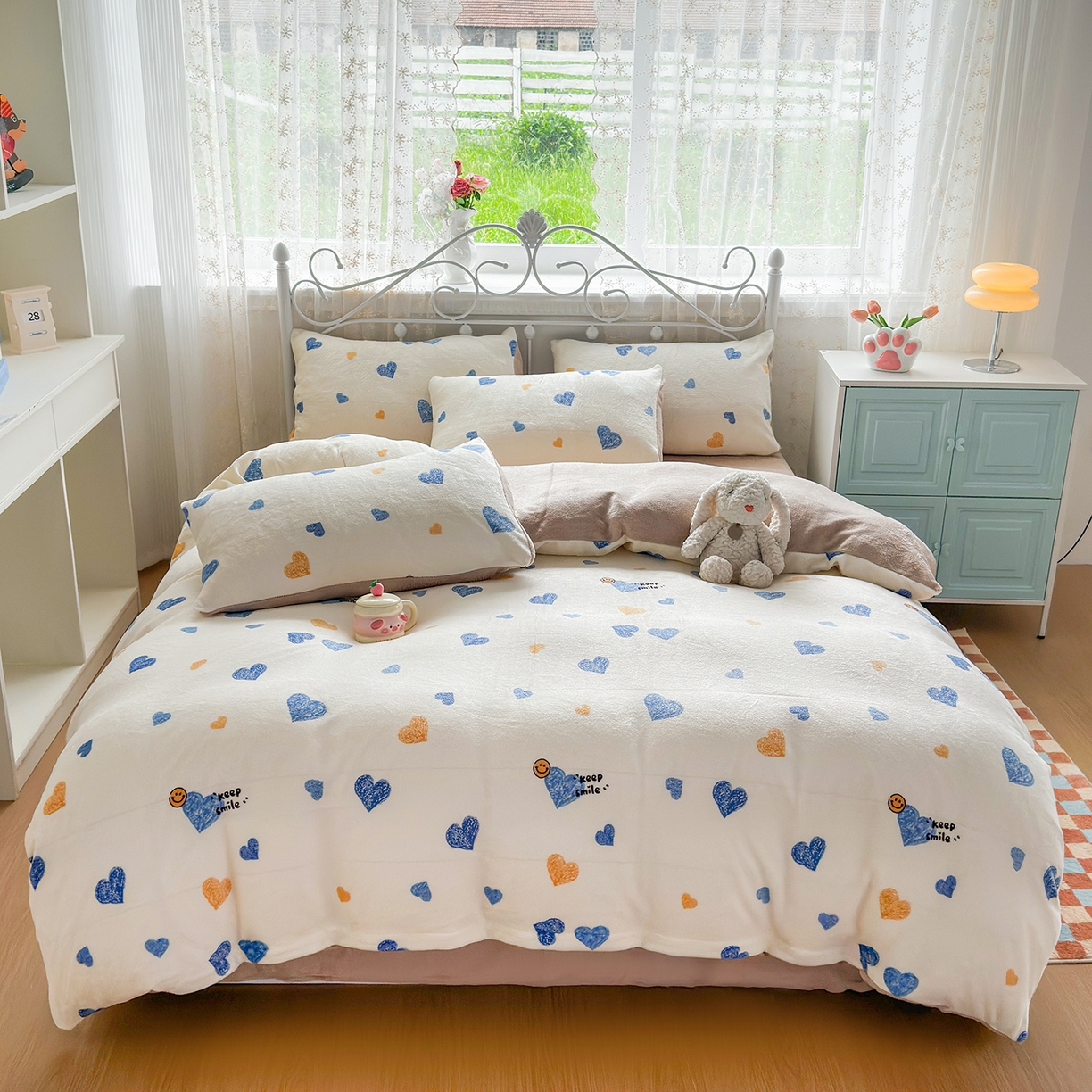 悦织湾家纺 2025新款床裙款牛奶绒四件套加厚保暖印花轻奢时尚不易起静电冬季床上用品三四件套 心心相印