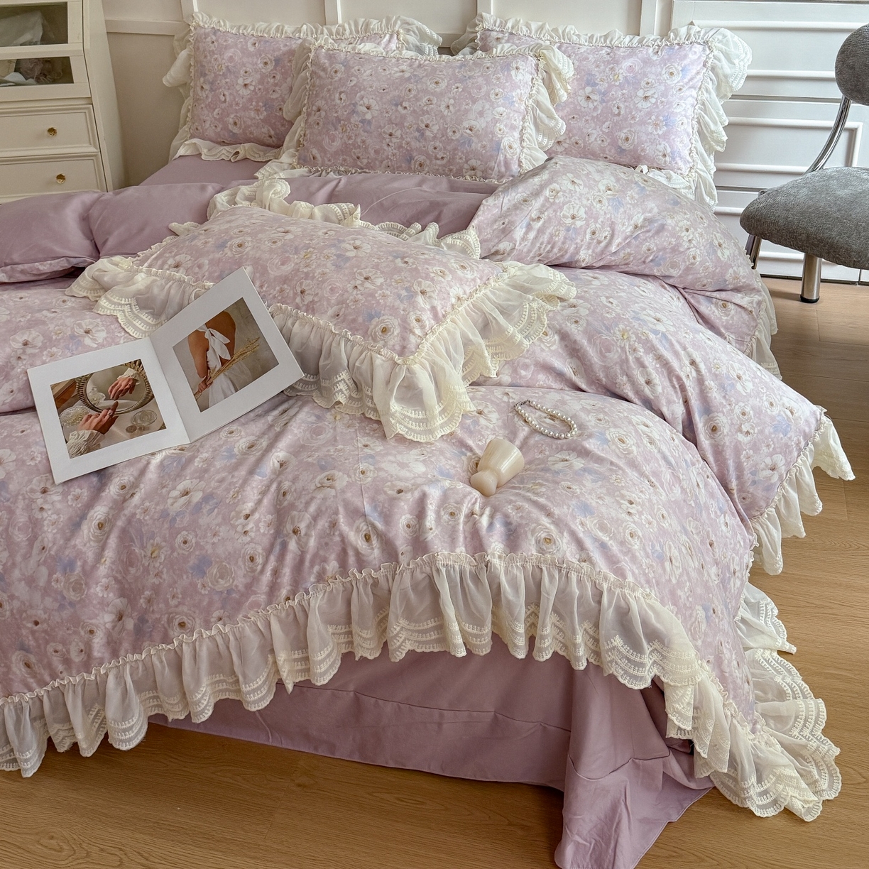 91家纺网 家纺一手货源 找家纺 吾欢心 2025新款韩版蕾丝花边加厚原棉四件套 古耐花园粉