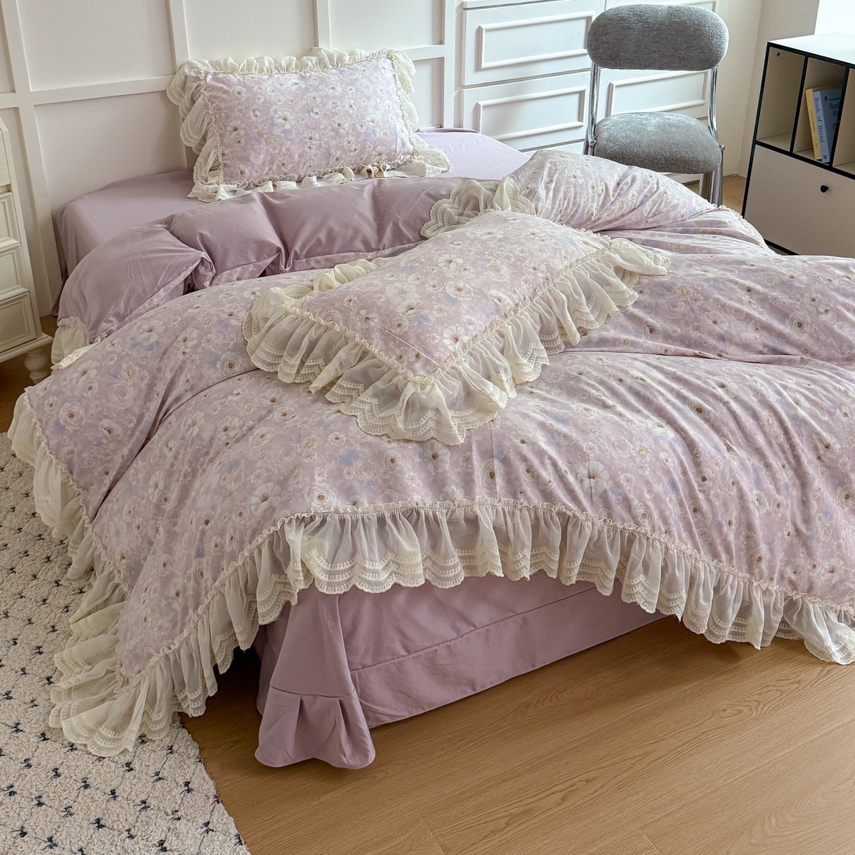 91家纺网 家纺一手货源 找家纺 吾欢心 2025新款韩版蕾丝花边加厚原棉四件套 古耐花园粉