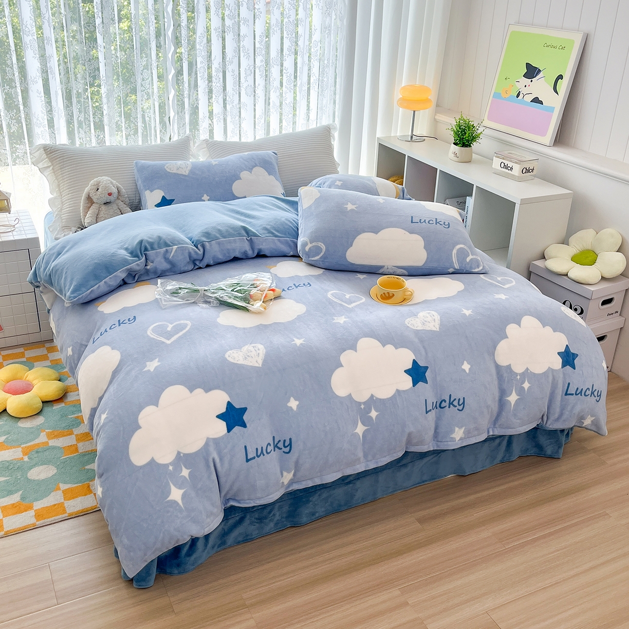 悦织湾家纺 2025新款床裙款牛奶绒四件套加厚保暖印花轻奢时尚不易起静电冬季床上用品三四件套 云端