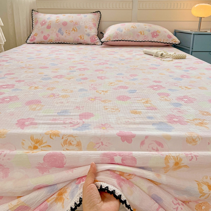 91家纺网 家纺一手货源 找家纺 逸林家纺《原希尔顿逸林》 2025新款云感皱皱纱镂空花边床单单品床单单件单床单 春风里