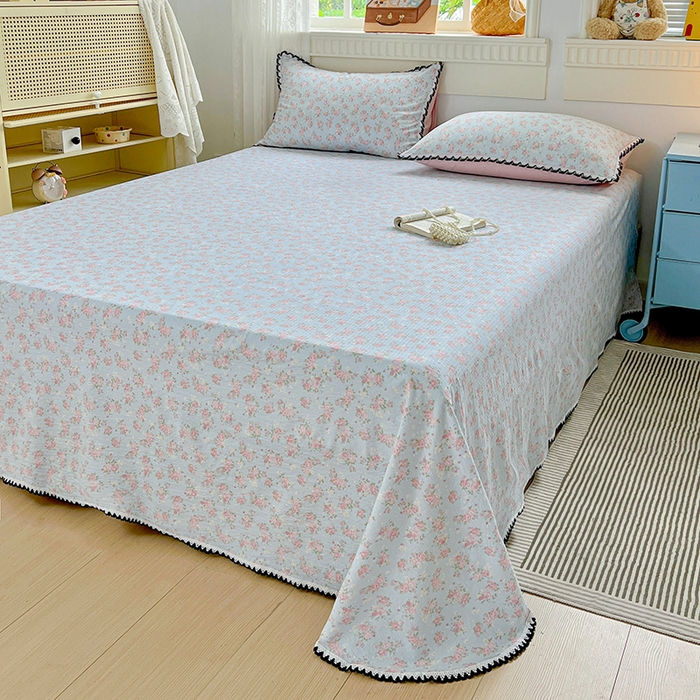 91家纺网 家纺一手货源 找家纺 逸林家纺《原希尔顿逸林》 2025新款云感皱皱纱镂空花边床单单品床单单件单床单 粉黛-蓝