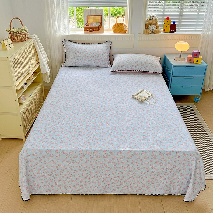 91家纺网 家纺一手货源 找家纺 逸林家纺《原希尔顿逸林》 2025新款云感皱皱纱镂空花边床单单品床单单件单床单 粉黛-蓝