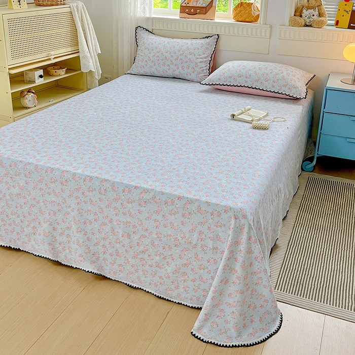 91家纺网 家纺一手货源 找家纺 逸林家纺《原希尔顿逸林》 2025新款云感皱皱纱镂空花边床单单品床单单件单床单 粉黛-蓝