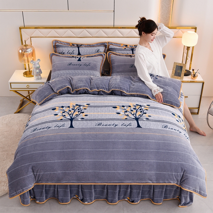 91家纺网 家纺一手货源 找家纺 2025新款牛奶绒印花床裙四件套系列-四件套 发财树