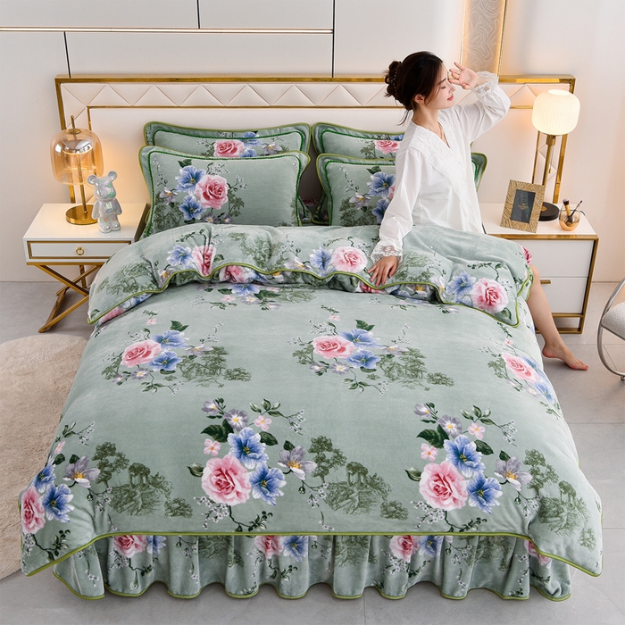 91家纺网 家纺一手货源 找家纺 2025新款牛奶绒印花床裙四件套系列-四件套 繁花似锦