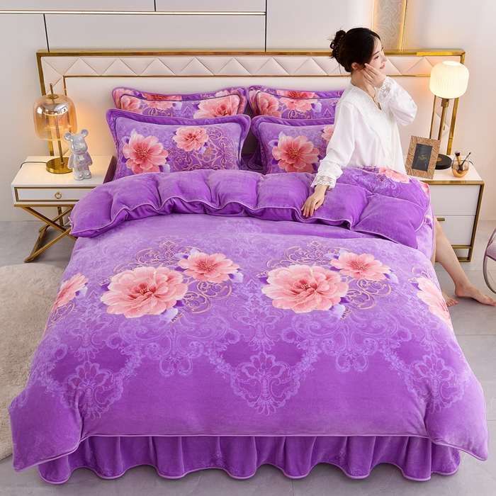 91家纺网 家纺一手货源 找家纺 2025新款牛奶绒印花床裙四件套系列-四件套 国色天香