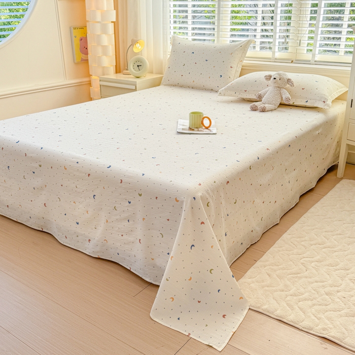 91家纺网 家纺一手货源 找家纺 （总）一诺家居 2025新款A类云感双层纱针织棉印花母婴级裸睡床单三件套 量大可优惠 量大可送货