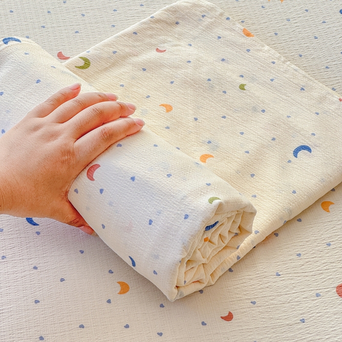 91家纺网 家纺一手货源 找家纺 （总）一诺家居 2025新款A类云感双层纱针织棉印花母婴级裸睡床单三件套 量大可优惠 量大可送货