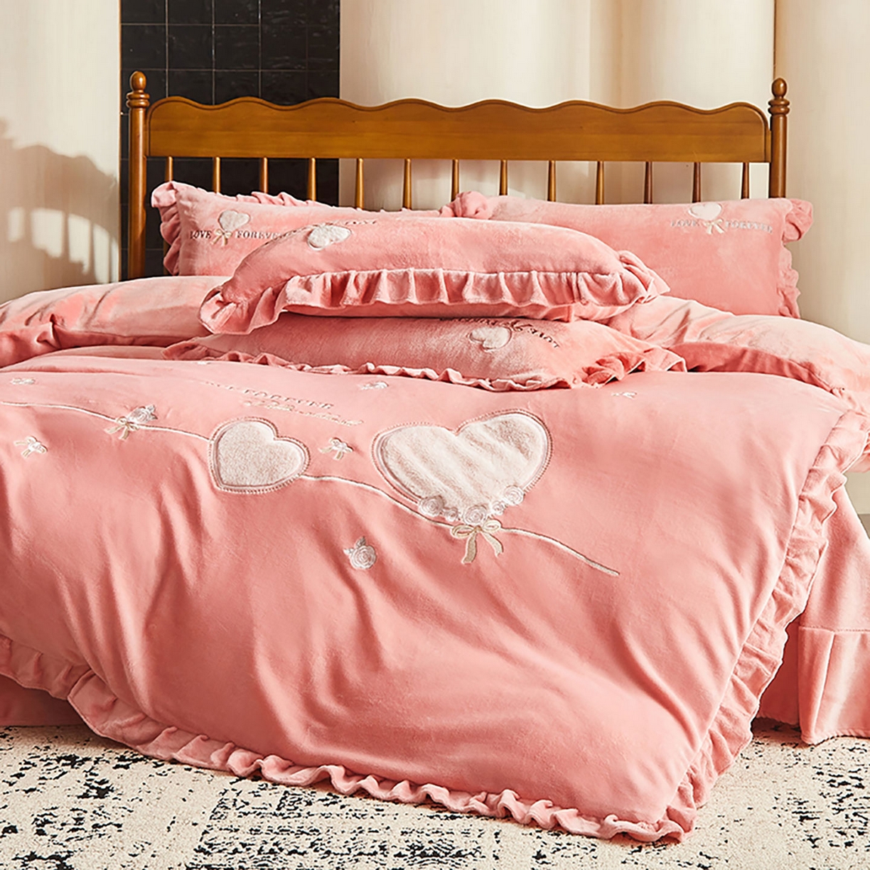 卡初家居（原微来） 2025新款秋冬A类亲肤牛奶绒刺绣款四件套-暖阁系列（提供买家秀） 暖阁-红豆沙