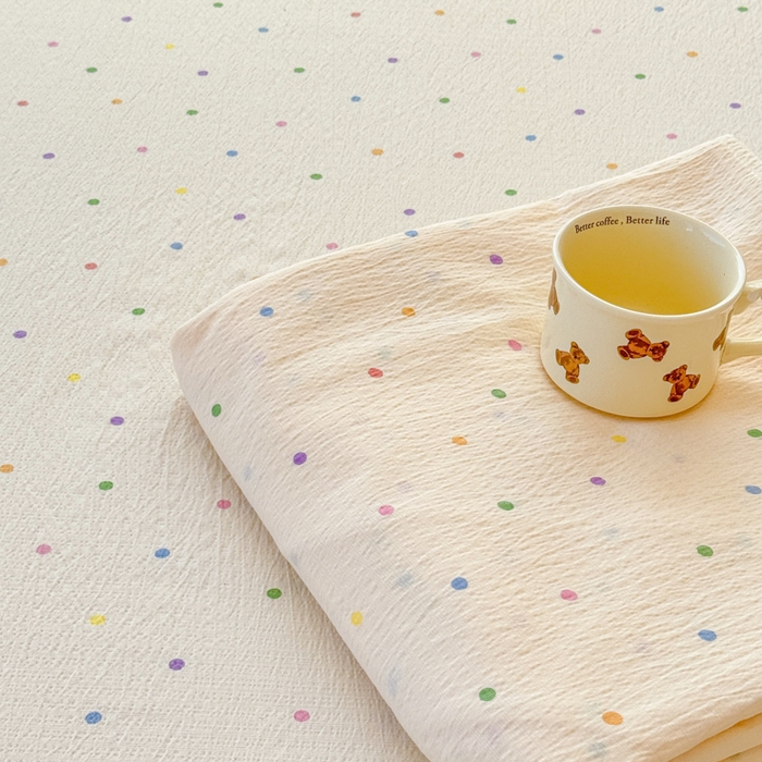 91家纺网 家纺一手货源 找家纺 一诺家居 2025新款A类云感双层纱针织棉印花母婴级裸睡床单三件套 量大可优惠 量大可送货 彩虹波点