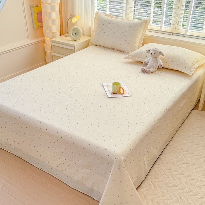 91家纺网 家纺一手货源 找家纺 一诺家居 2025新款A类云感双层纱针织棉印花母婴级裸睡床单三件套 量大可优惠 量大可送货 彩虹波点