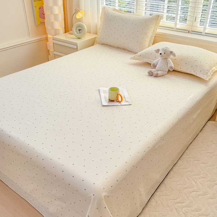 91家纺网 家纺一手货源 找家纺 一诺家居 2025新款A类云感双层纱针织棉印花母婴级裸睡床单三件套 量大可优惠 量大可送货 彩虹波点