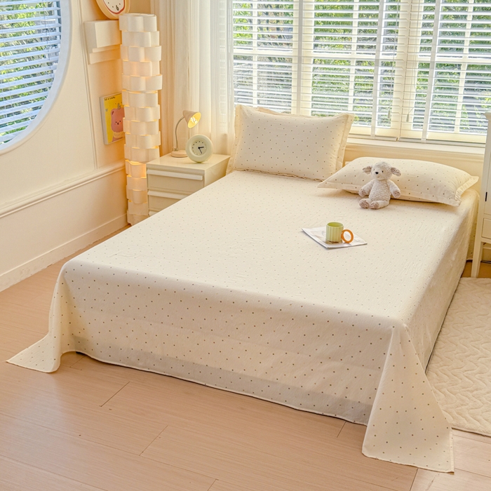 91家纺网 家纺一手货源 找家纺 一诺家居 2025新款A类云感双层纱针织棉印花母婴级裸睡床单三件套 量大可优惠 量大可送货 彩虹波点