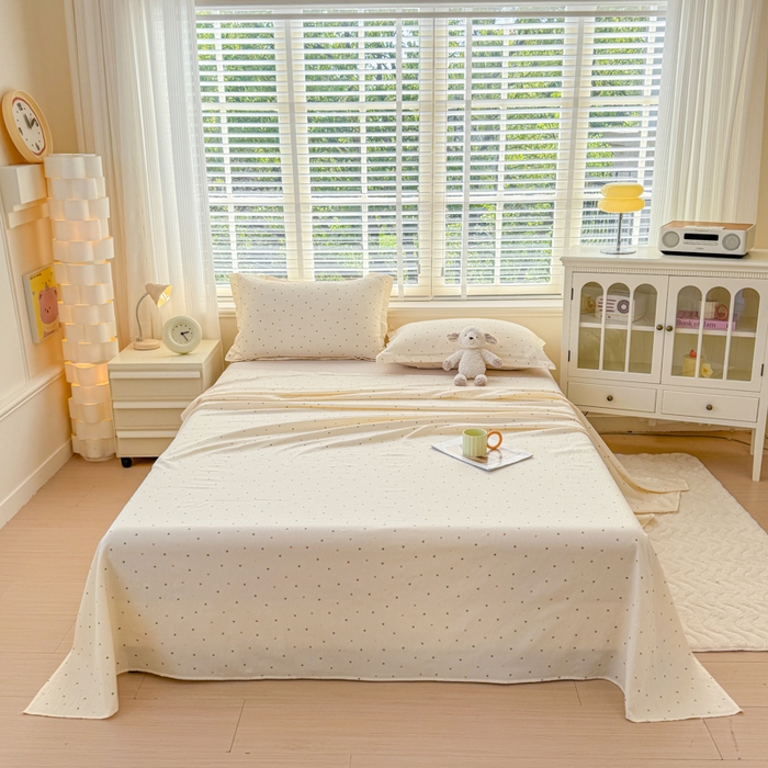 91家纺网 家纺一手货源 找家纺 一诺家居 2025新款A类云感双层纱针织棉印花母婴级裸睡床单三件套 量大可优惠 量大可送货 彩虹波点