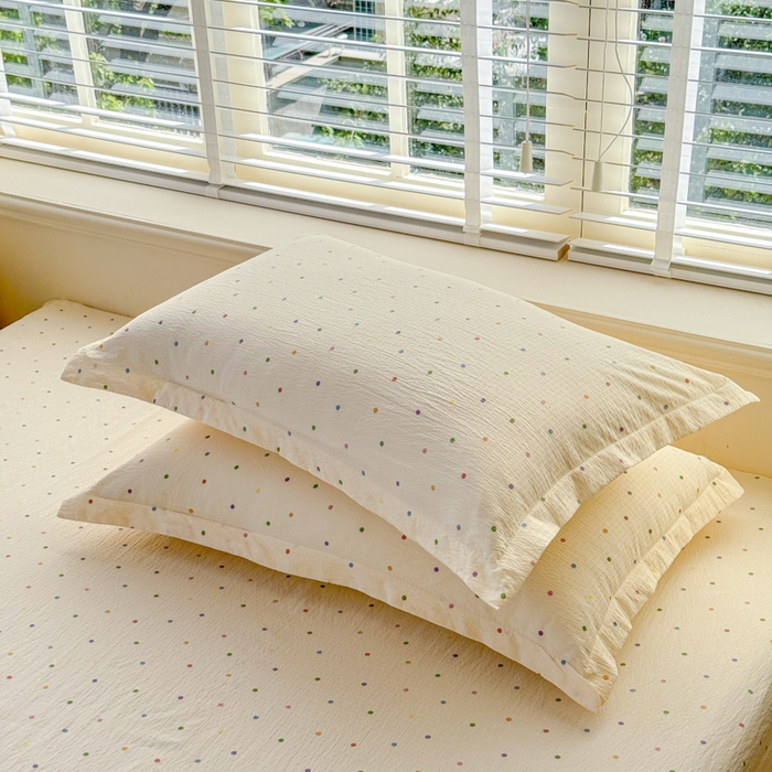 91家纺网 家纺一手货源 找家纺 一诺家居 2025新款A类云感双层纱针织棉印花母婴级裸睡床单三件套 量大可优惠 量大可送货 彩虹波点