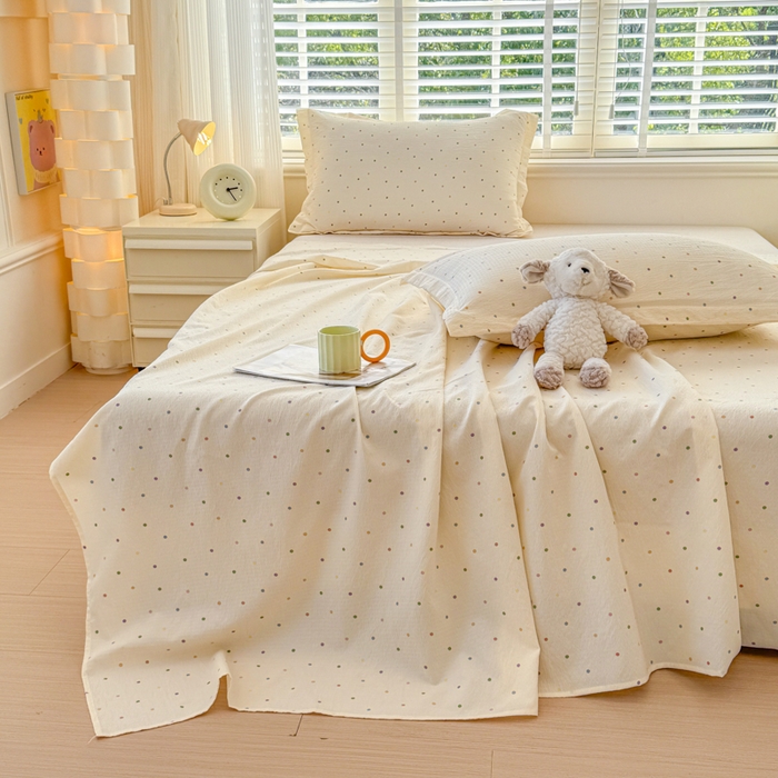 91家纺网 家纺一手货源 找家纺 一诺家居 2025新款A类云感双层纱针织棉印花母婴级裸睡床单三件套 量大可优惠 量大可送货 彩虹波点