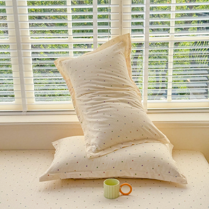 91家纺网 家纺一手货源 找家纺 一诺家居 2025新款A类云感双层纱针织棉印花母婴级裸睡床单三件套 量大可优惠 量大可送货 彩虹波点