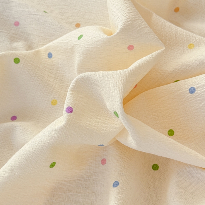 91家纺网 家纺一手货源 找家纺 一诺家居 2025新款A类云感双层纱针织棉印花母婴级裸睡床单三件套 量大可优惠 量大可送货 彩虹波点