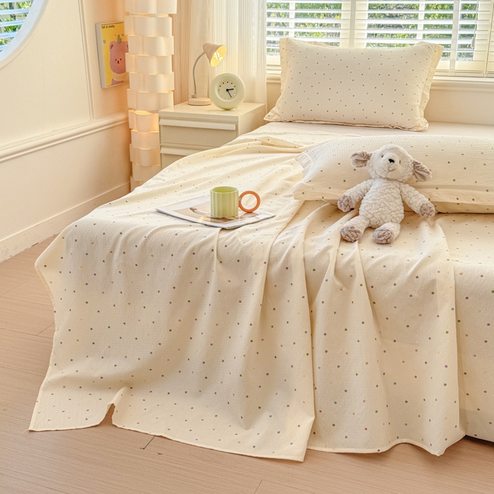 91家纺网 家纺一手货源 找家纺 一诺家居 2025新款A类云感双层纱针织棉印花母婴级裸睡床单三件套 量大可优惠 量大可送货 彩虹波点