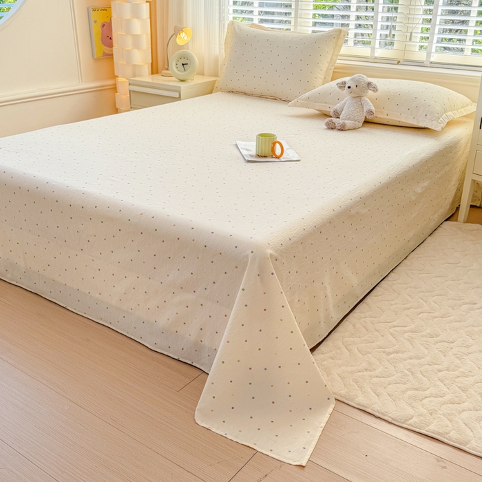 91家纺网 家纺一手货源 找家纺 一诺家居 2025新款A类云感双层纱针织棉印花母婴级裸睡床单三件套 量大可优惠 量大可送货 彩虹波点