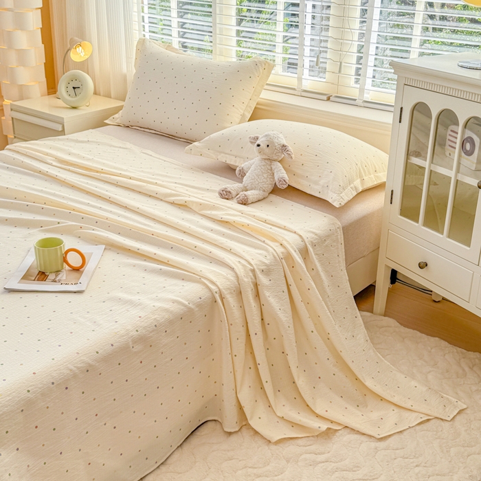 91家纺网 家纺一手货源 找家纺 一诺家居 2025新款A类云感双层纱针织棉印花母婴级裸睡床单三件套 量大可优惠 量大可送货 彩虹波点