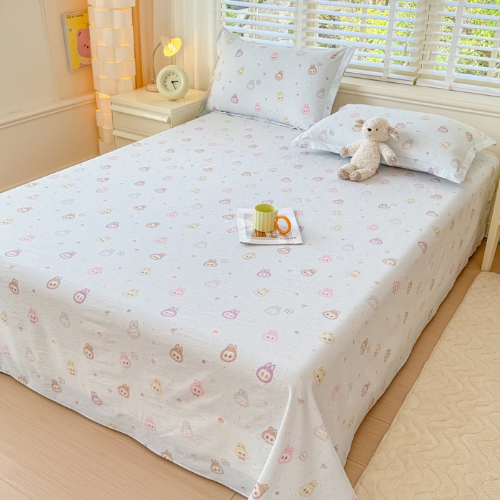 91家纺网 家纺一手货源 找家纺 一诺家居 2025新款A类云感双层纱针织棉印花母婴级裸睡床单三件套 量大可优惠 量大可送货 海盐耶耶