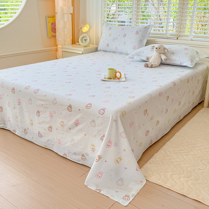 91家纺网 家纺一手货源 找家纺 一诺家居 2025新款A类云感双层纱针织棉印花母婴级裸睡床单三件套 量大可优惠 量大可送货 海盐耶耶