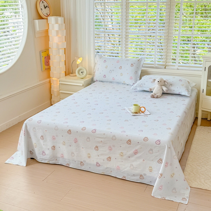 91家纺网 家纺一手货源 找家纺 一诺家居 2025新款A类云感双层纱针织棉印花母婴级裸睡床单三件套 量大可优惠 量大可送货 海盐耶耶