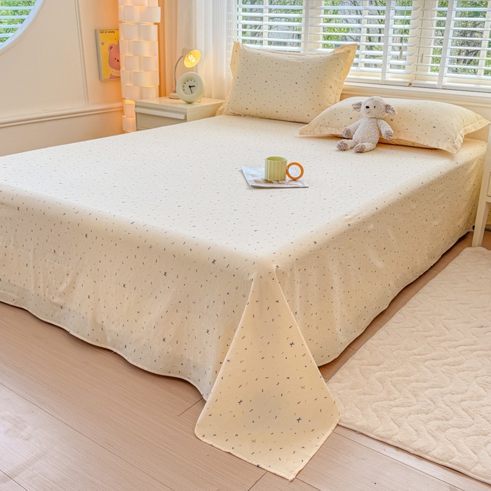 91家纺网 家纺一手货源 找家纺 一诺家居 2025新款A类云感双层纱针织棉印花母婴级裸睡床单三件套 量大可优惠 量大可送货 蝴蝶结