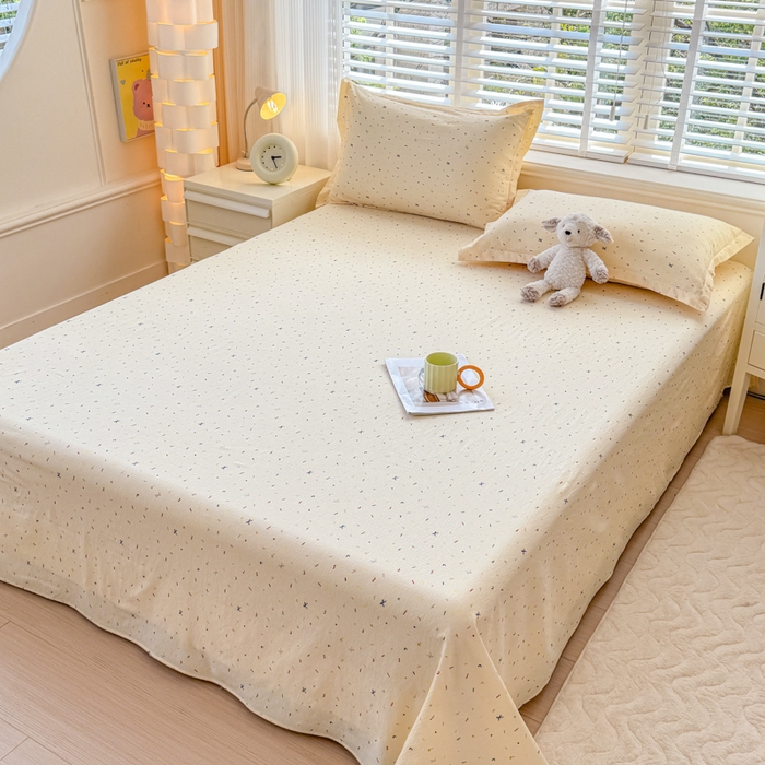 91家纺网 家纺一手货源 找家纺 一诺家居 2025新款A类云感双层纱针织棉印花母婴级裸睡床单三件套 量大可优惠 量大可送货 蝴蝶结