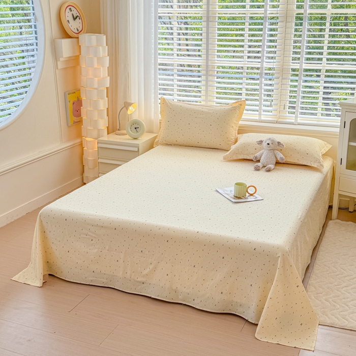 91家纺网 家纺一手货源 找家纺 一诺家居 2025新款A类云感双层纱针织棉印花母婴级裸睡床单三件套 量大可优惠 量大可送货 蝴蝶结