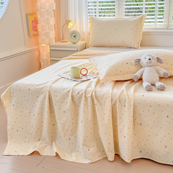 91家纺网 家纺一手货源 找家纺 一诺家居 2025新款A类云感双层纱针织棉印花母婴级裸睡床单三件套 量大可优惠 量大可送货 蝴蝶结