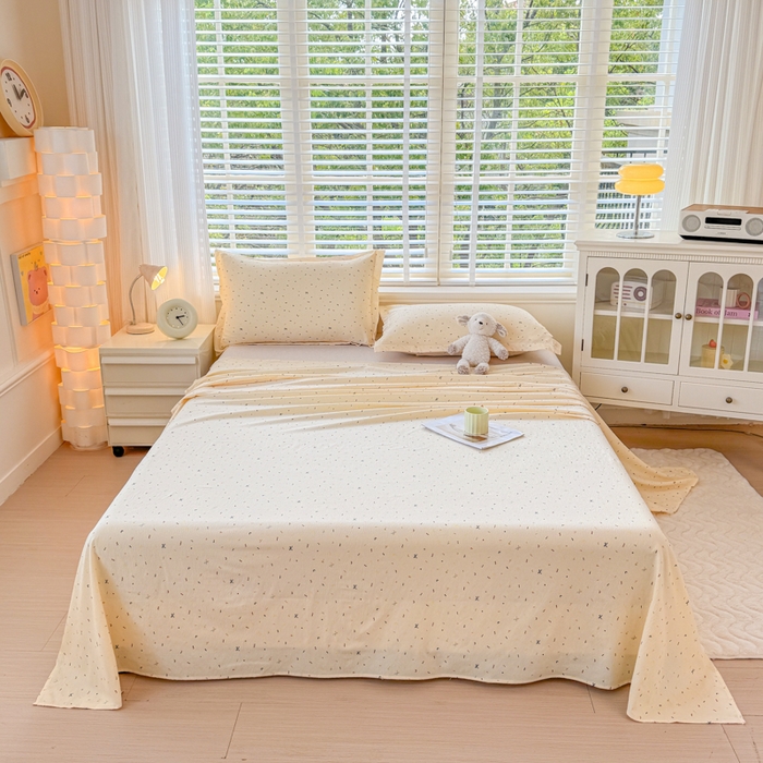 91家纺网 家纺一手货源 找家纺 一诺家居 2025新款A类云感双层纱针织棉印花母婴级裸睡床单三件套 量大可优惠 量大可送货 蝴蝶结