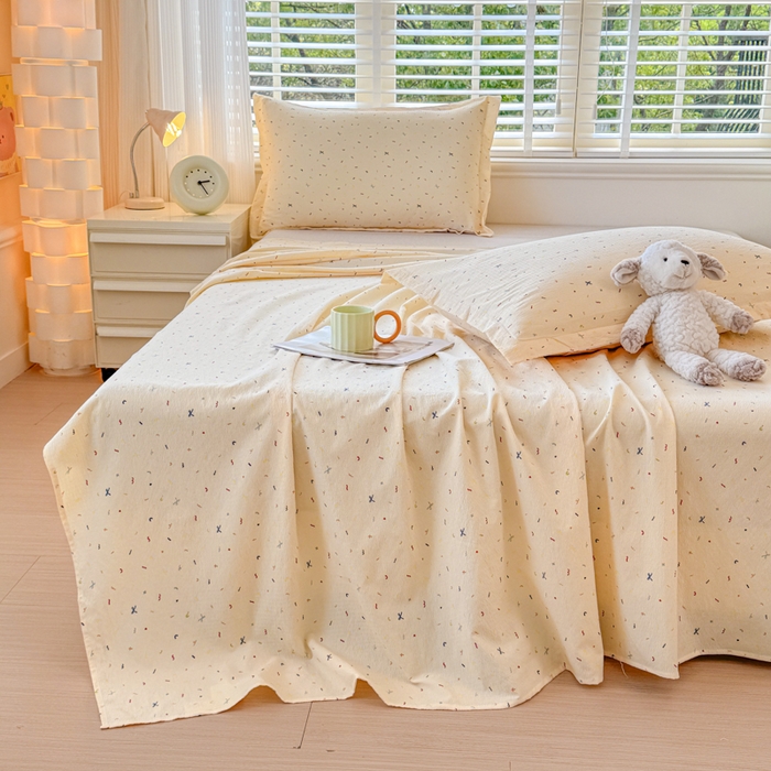 91家纺网 家纺一手货源 找家纺 一诺家居 2025新款A类云感双层纱针织棉印花母婴级裸睡床单三件套 量大可优惠 量大可送货 蝴蝶结