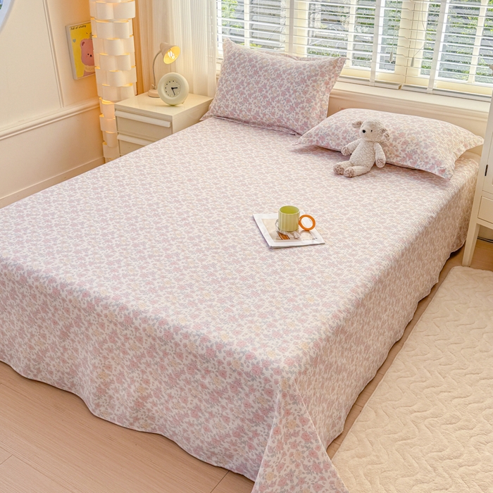 91家纺网 家纺一手货源 找家纺 一诺家居 2025新款A类云感双层纱针织棉印花母婴级裸睡床单三件套 量大可优惠 量大可送货 蔷薇