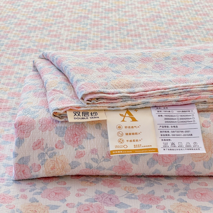 91家纺网 家纺一手货源 找家纺 一诺家居 2025新款A类云感双层纱针织棉印花母婴级裸睡床单三件套 量大可优惠 量大可送货 蔷薇