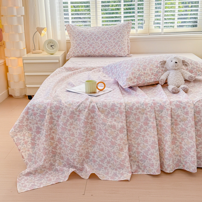 91家纺网 家纺一手货源 找家纺 一诺家居 2025新款A类云感双层纱针织棉印花母婴级裸睡床单三件套 量大可优惠 量大可送货 蔷薇